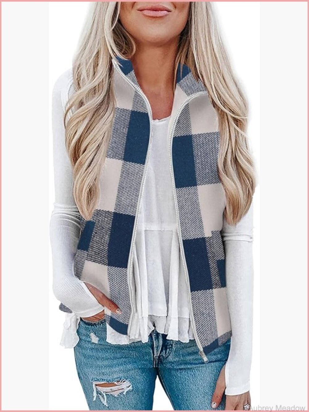 Women's Plaid Zip Up Sleeveless Jacket Vest with Pockets